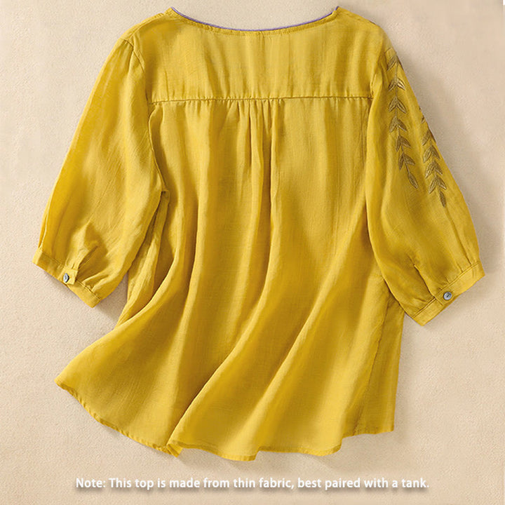 Buddha Stones Embroidery Leaves Women's Cotton Linen Half Sleeve T-shirt - image 1