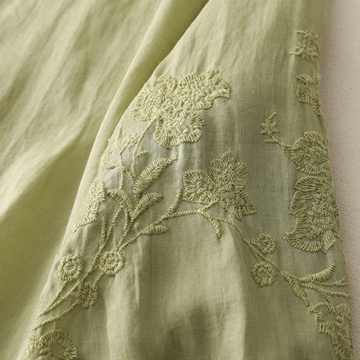 Buddha Stones Embroidery Button-down Women's Cotton Linen Shirt - image 4