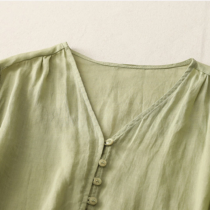 Buddha Stones Embroidery Button-down Women's Cotton Linen Shirt - image 3