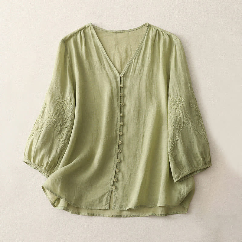 Buddha Stones Embroidery Button-down Women's Shirt - YellowGreen - US8-10，UK/AU12-14，EU40-42 (2XL) - image 0