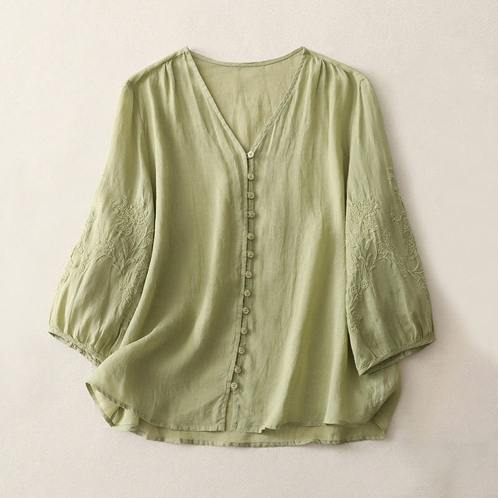 Buddha Stones Embroidery Button-down Women's Cotton Linen Shirt - YellowGreen - US8-10，UK/AU12-14，EU40-42 (2XL) - image 1