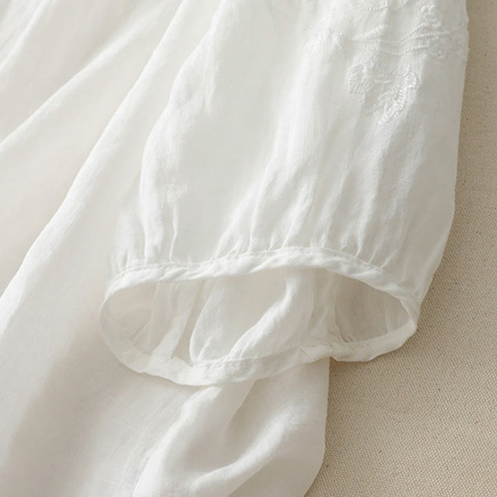 Buddha Stones Embroidery Button-down Women's Cotton Linen Shirt - image 11