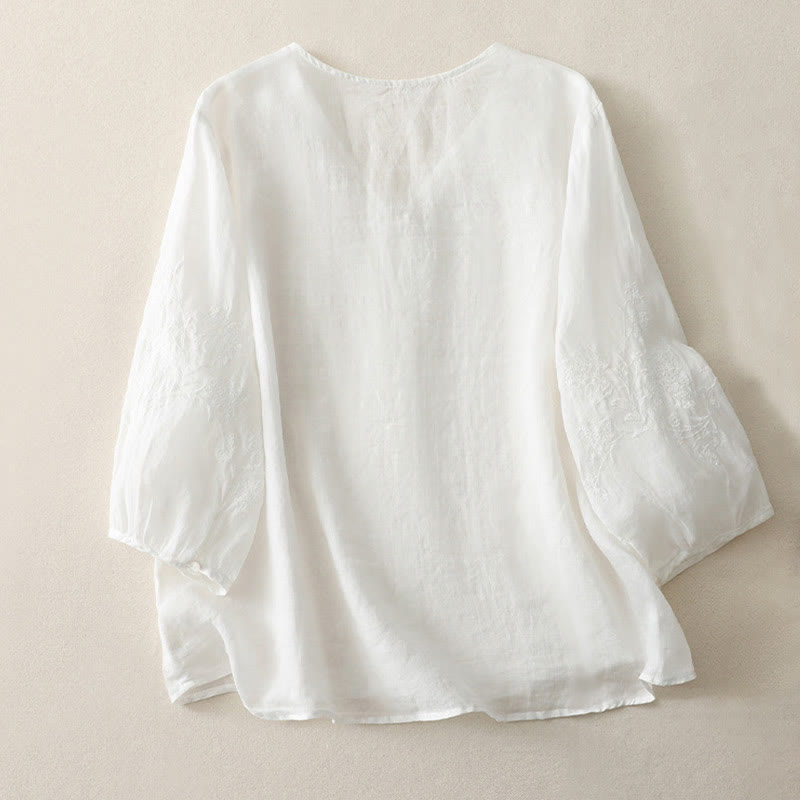 Buddha Stones Embroidery Button-down Women's Cotton Linen Shirt - image 10