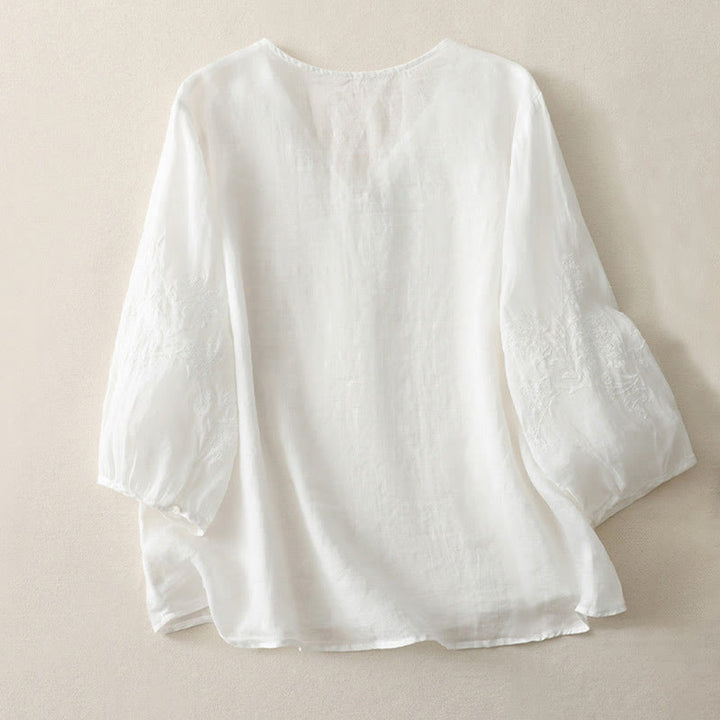 Buddha Stones Embroidery Button-down Women's Cotton Linen Shirt - image 10