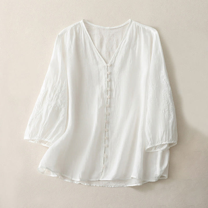 Buddha Stones Embroidery Button-down Women's Shirt - White - US8-10，UK/AU12-14，EU40-42 (2XL) - image 6