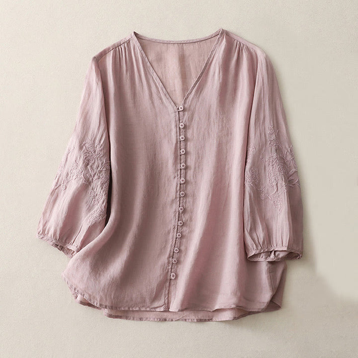 Buddha Stones Embroidery Button-down Women's Cotton Linen Shirt - Plum - US8-10，UK/AU12-14，EU40-42 (2XL) - image 17