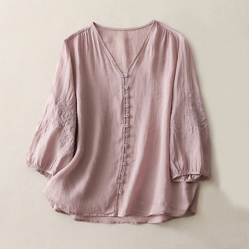 Buddha Stones Embroidery Button-down Women's Shirt - Plum - US8-10，UK/AU12-14，EU40-42 (2XL) - image 16