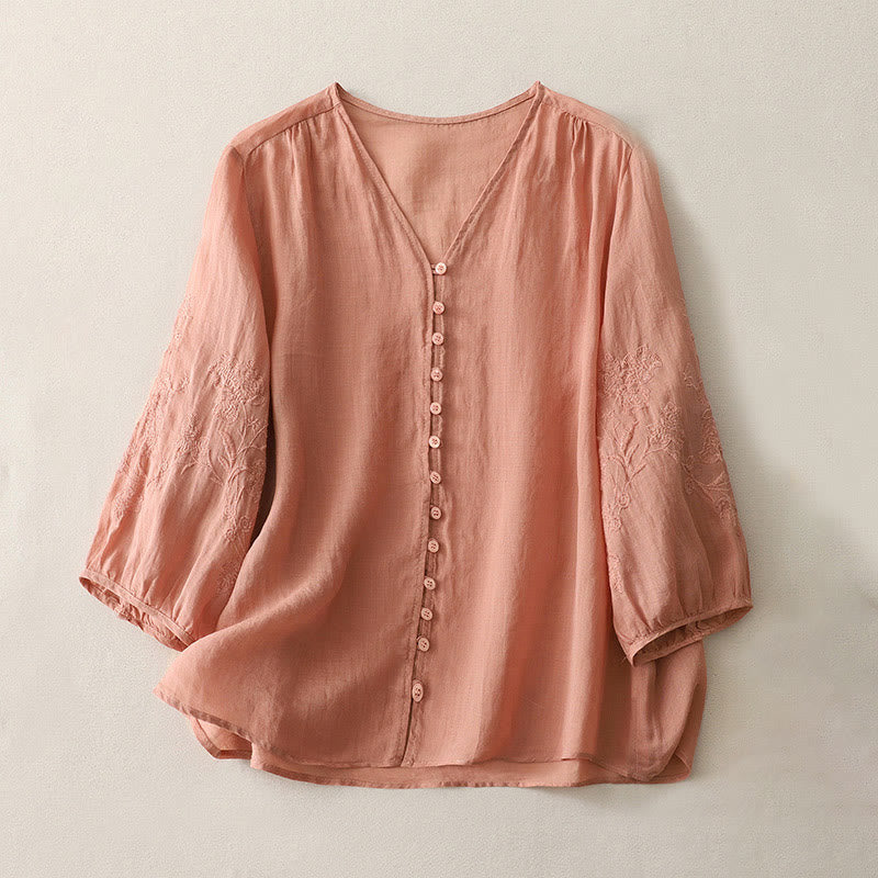 Buddha Stones Embroidery Button-down Women's Cotton Linen Shirt - LightSalmon - US8-10，UK/AU12-14，EU40-42 (2XL) - image 22