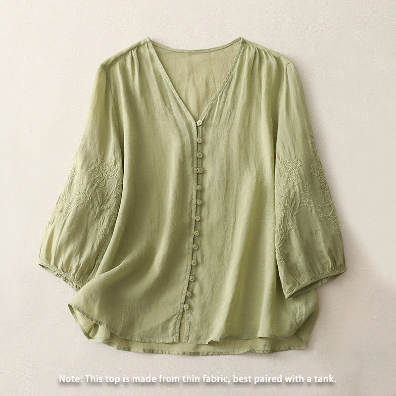 Buddha Stones Embroidery Button-down Women's Cotton Linen Shirt - image 2