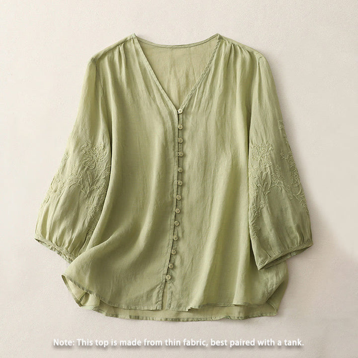 Buddha Stones Embroidery Button-down Women's Cotton Linen Shirt - image 2
