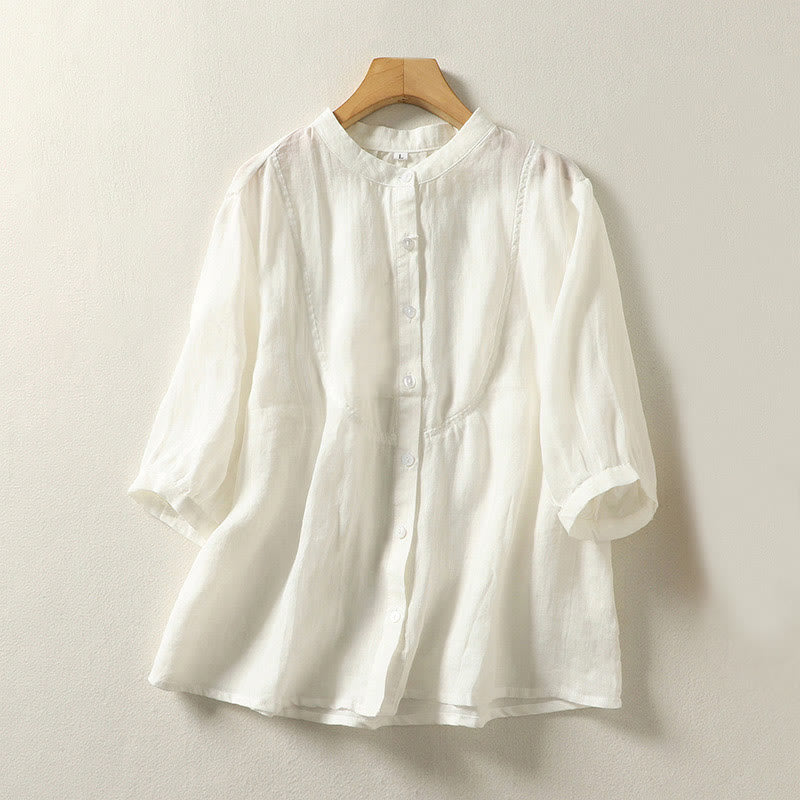 Buddha Stones Plain Single Breasted Women's Cotton Linen Shirt - OldLace - US14，UK/AU18，EU46 (3XL) - image 3