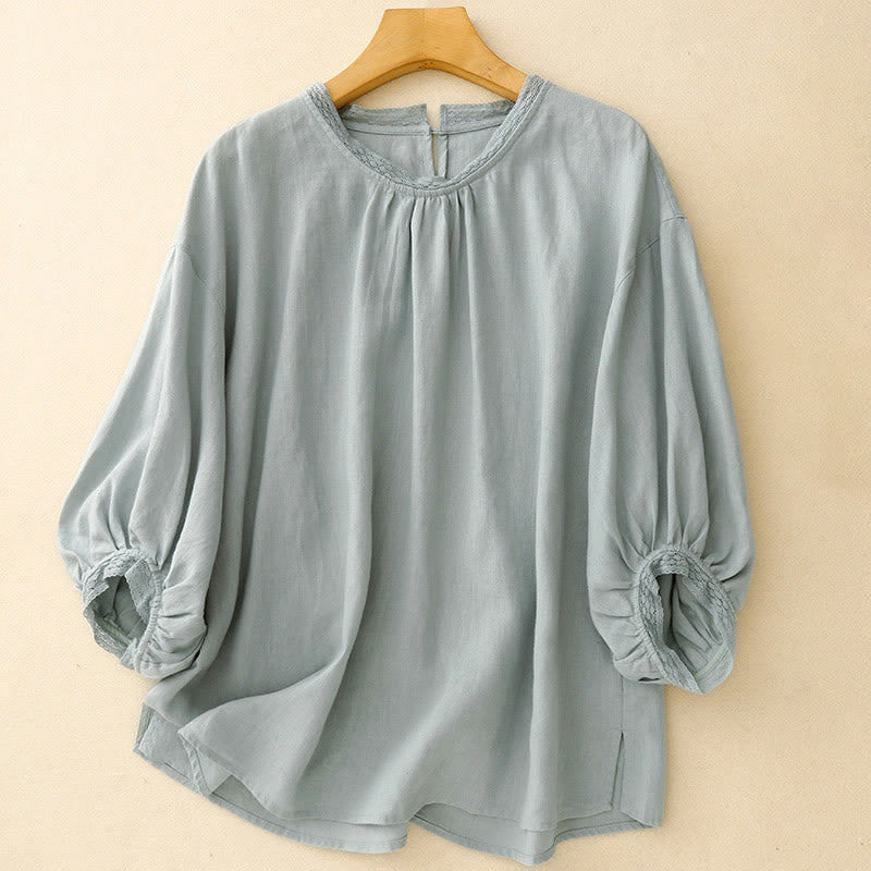 Buddha Stones Plain Lantern Sleeves Women's Cotton Shirt - LightBlue - US12，UK/AU16，EU44 (2XL) - image 1