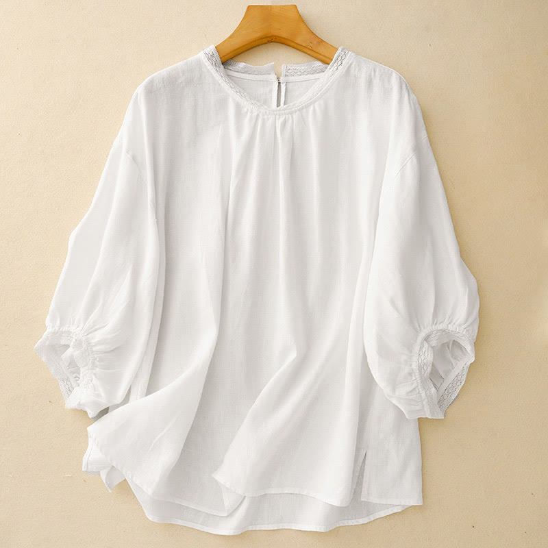 Buddha Stones Plain Lantern Sleeves Women's Cotton Shirt - White - US12，UK/AU16，EU44 (2XL) - image 12