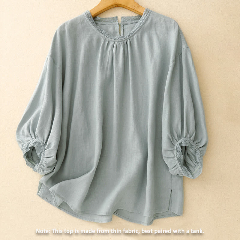 Buddha Stones Plain Lantern Sleeves Women's Cotton Shirt - image 2