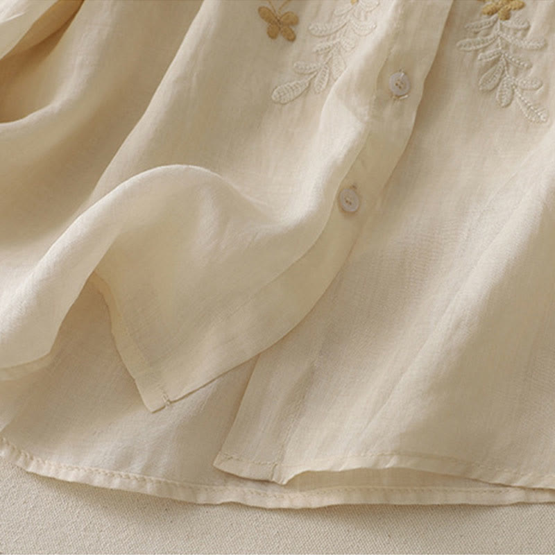 Buddha Stones Embroidery Flowers Single Breasted Women's Cotton Linen Shirt - image 3