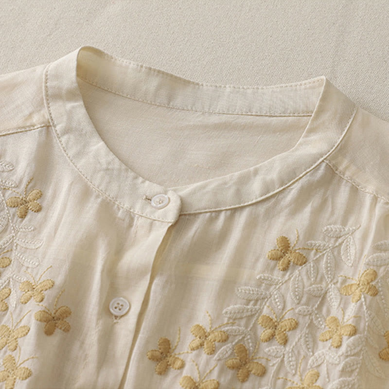 Buddha Stones Embroidery Flowers Single Breasted Women's Cotton Linen Shirt - image 7