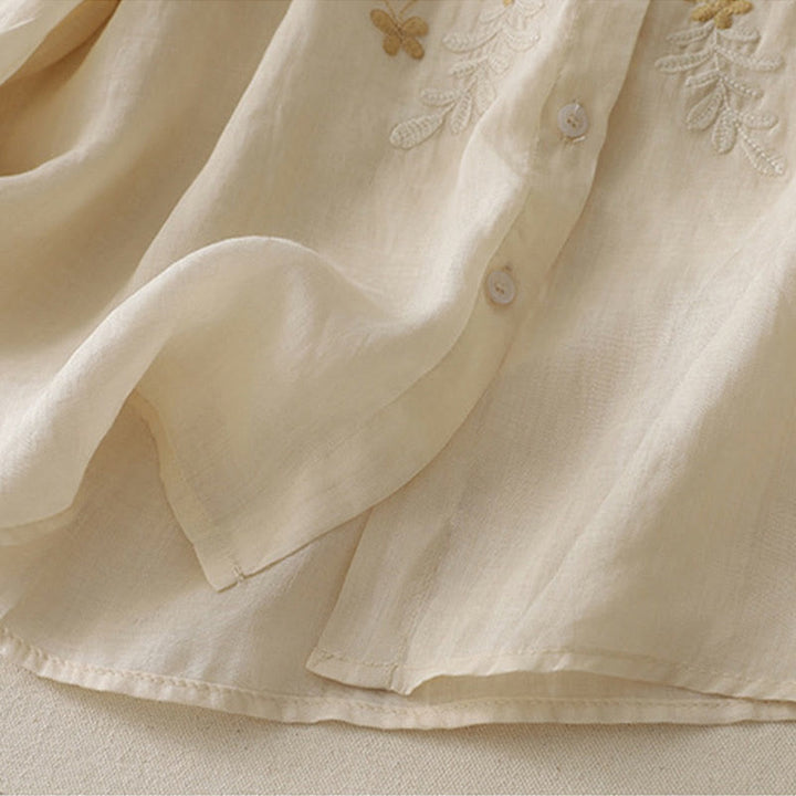 Buddha Stones Embroidery Flowers Single Breasted Women's Cotton Linen Shirt - image 2