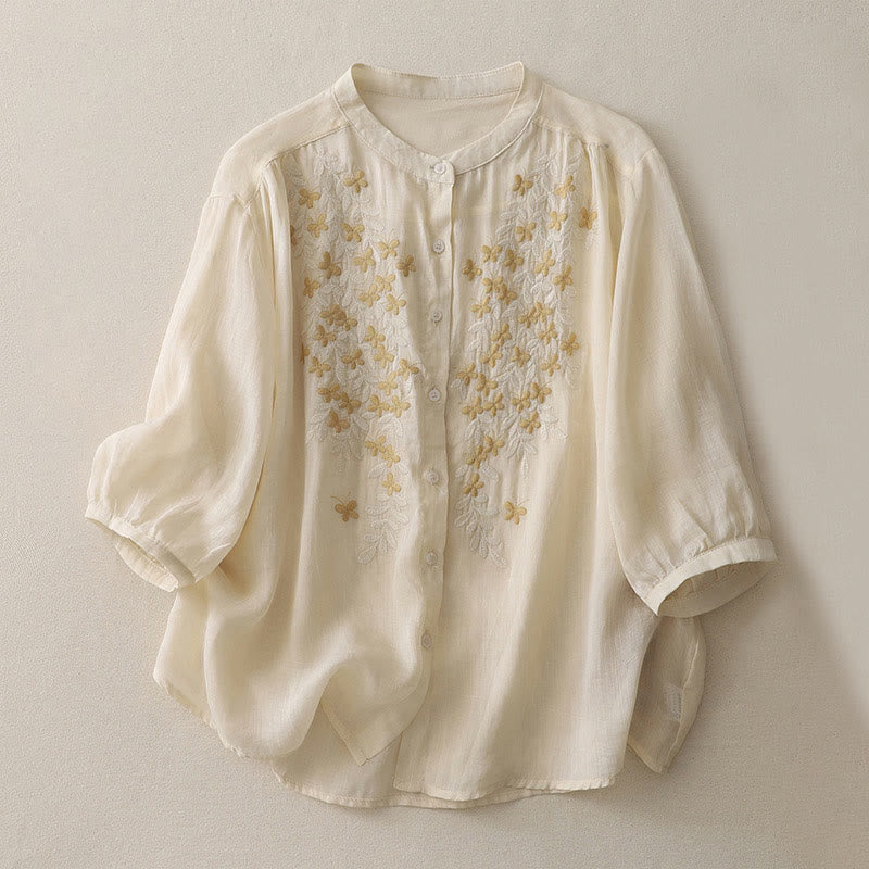 Buddha Stones Embroidery Flowers Single Breasted Women's Cotton Linen Shirt - OldLace - US14，UK/AU18，EU46 (2XL) - image 1