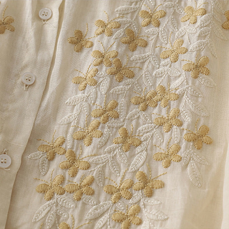 Buddha Stones Embroidery Flowers Single Breasted Women's Cotton Linen Shirt - image 5