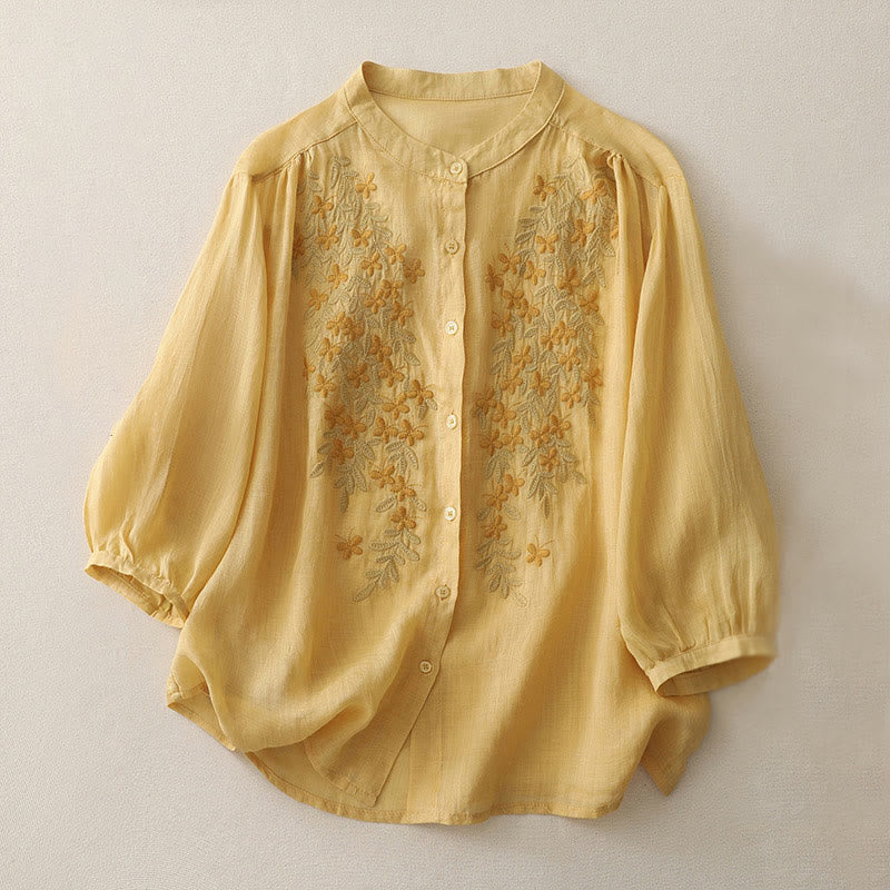 Buddha Stones Embroidery Flowers Single Breasted Women's Cotton Linen Shirt - Goldenrod - US14，UK/AU18，EU46 (2XL) - image 8