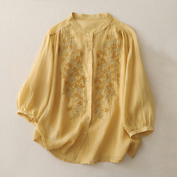 Buddha Stones Embroidery Flowers Single Breasted Women's Cotton Linen Shirt - Goldenrod - US14，UK/AU18，EU46 (2XL) - image 8