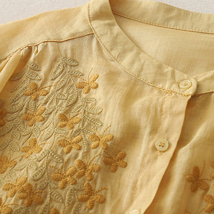 Buddha Stones Embroidery Flowers Single Breasted Women's Cotton Linen Shirt - image 16