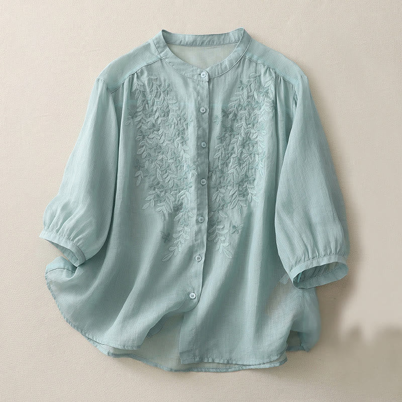 Buddha Stones Embroidery Flowers Single Breasted Women's Cotton Linen Shirt - PowderBlue - US14，UK/AU18，EU46 (2XL) - image 20