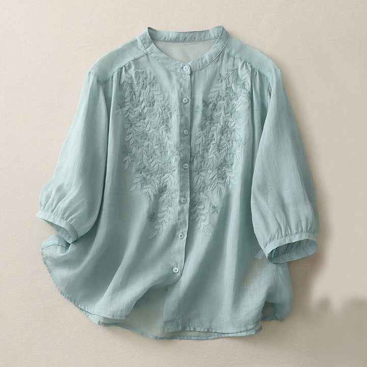 Buddha Stones Embroidery Flowers Single Breasted Women's Cotton Linen Shirt - PowderBlue - US14，UK/AU18，EU46 (2XL) - image 20