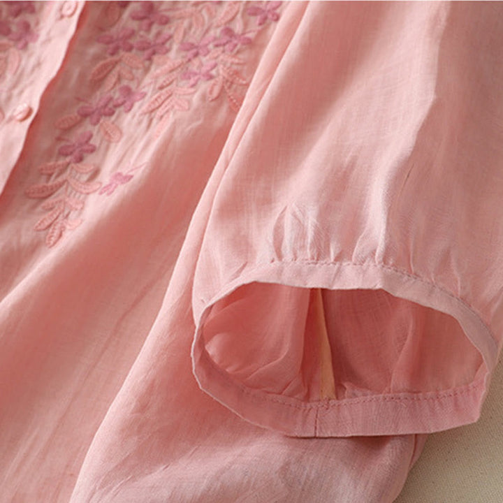 Buddha Stones Embroidery Flowers Single Breasted Women's Cotton Linen Shirt - image 30