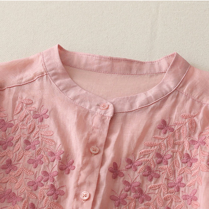 Buddha Stones Embroidery Flowers Single Breasted Women's Cotton Linen Shirt - image 37