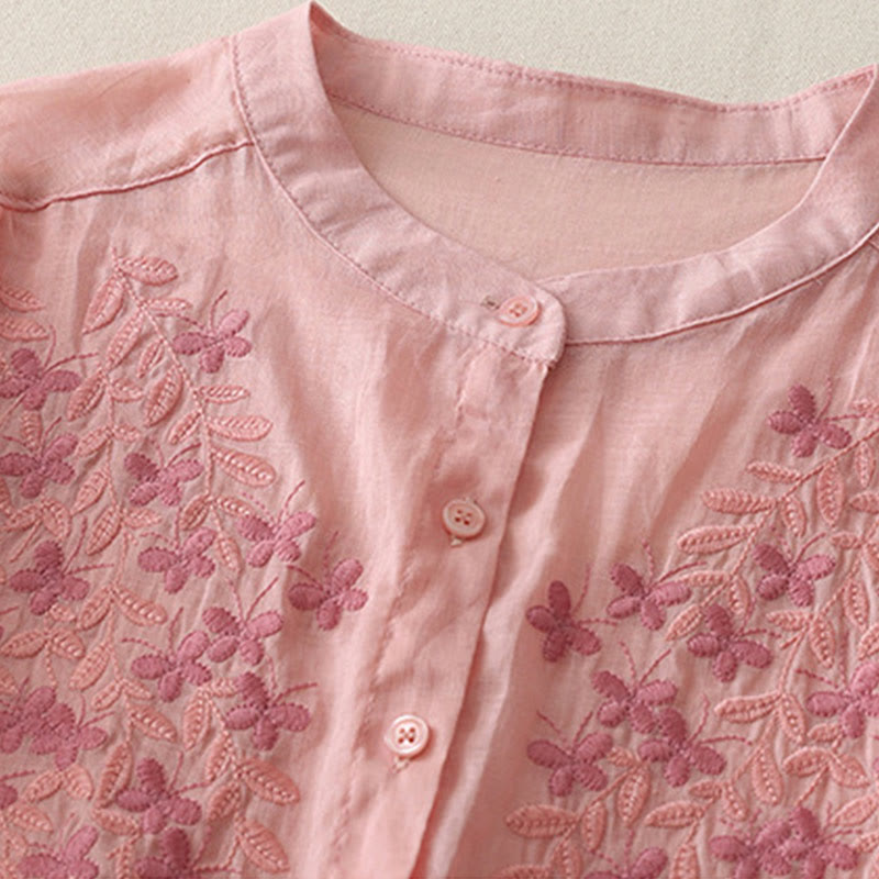 Buddha Stones Embroidery Flowers Single Breasted Women's Cotton Linen Shirt - image 34