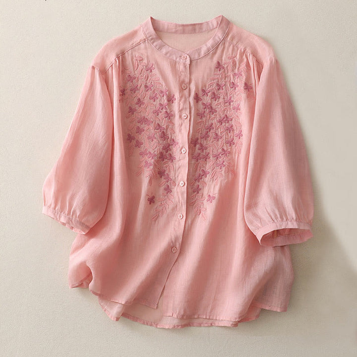 Buddha Stones Embroidery Flowers Single Breasted Women's Cotton Linen Shirt - Pink - US14，UK/AU18，EU46 (2XL) - image 27