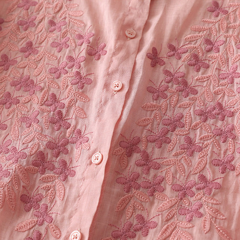 Buddha Stones Embroidery Flowers Single Breasted Women's Cotton Linen Shirt - image 39