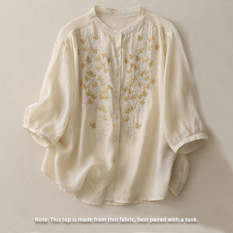 Buddha Stones Embroidery Flowers Single Breasted Women's Cotton Linen Shirt - image 2