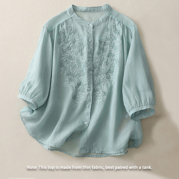 Buddha Stones Embroidery Flowers Single Breasted Women's Cotton Linen Shirt - image 21