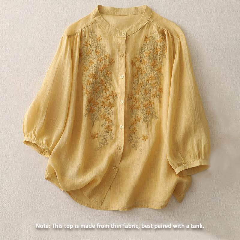 Buddha Stones Embroidery Flowers Single Breasted Women's Cotton Linen Shirt - image 9
