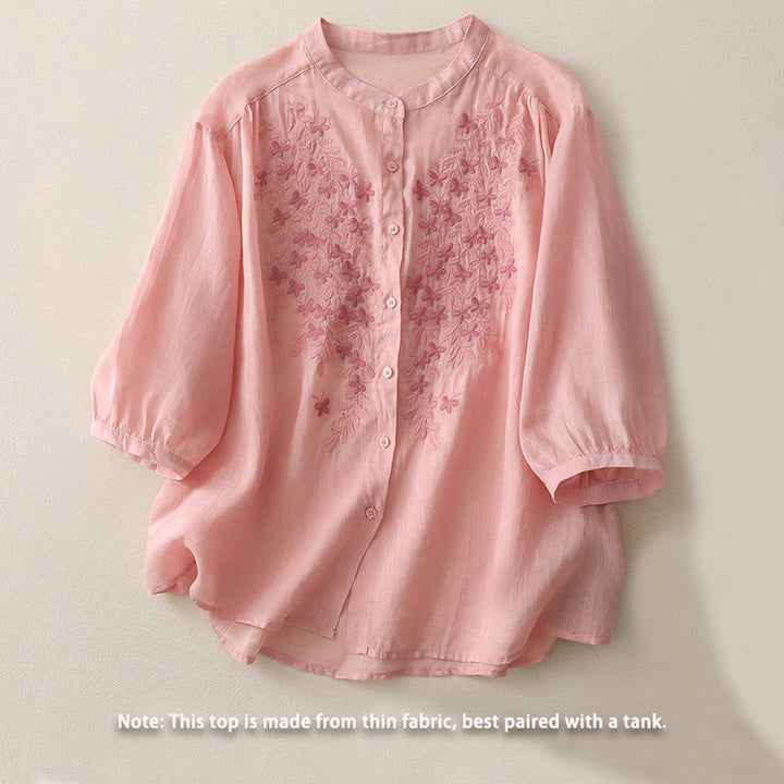 Buddha Stones Embroidery Flowers Single Breasted Women's Cotton Linen Shirt - image 27