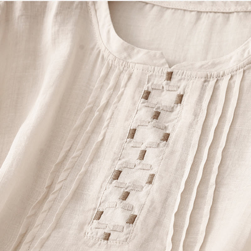 Buddha Stones Embroidery Crew Neck Pleats Women's Cotton Linen Half Sleeve T-shirt - image 10