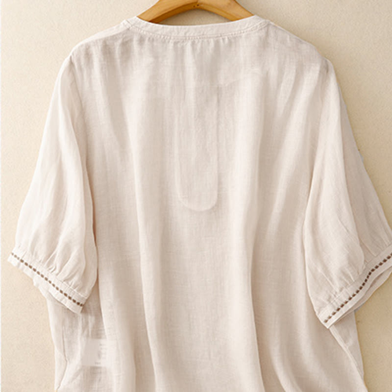 Buddha Stones Embroidery Crew Neck Pleats Women's Cotton Linen Half Sleeve T-shirt - image 3