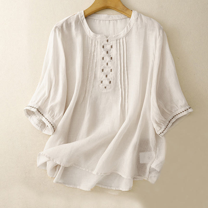 Buddha Stones Embroidery Crew Neck Pleats Women's Cotton Linen Half Sleeve T-shirt - Beige - US14，UK/AU18，EU46 (2XL) - image 0