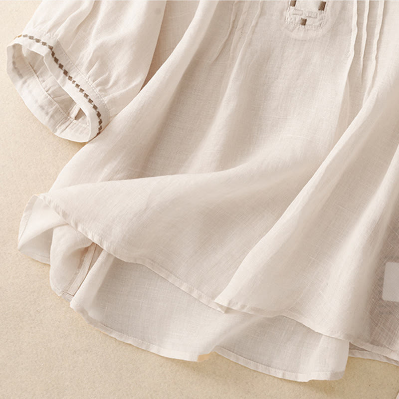 Buddha Stones Embroidery Crew Neck Pleats Women's Cotton Linen Half Sleeve T-shirt - image 11