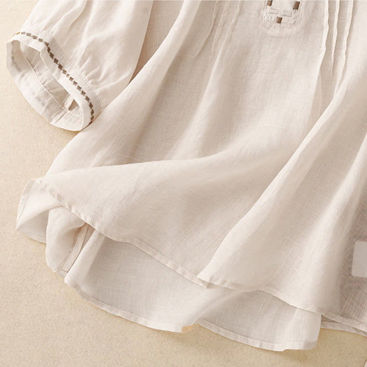 Buddha Stones Embroidery Crew Neck Pleats Women's Cotton Linen Half Sleeve T-shirt - image 11