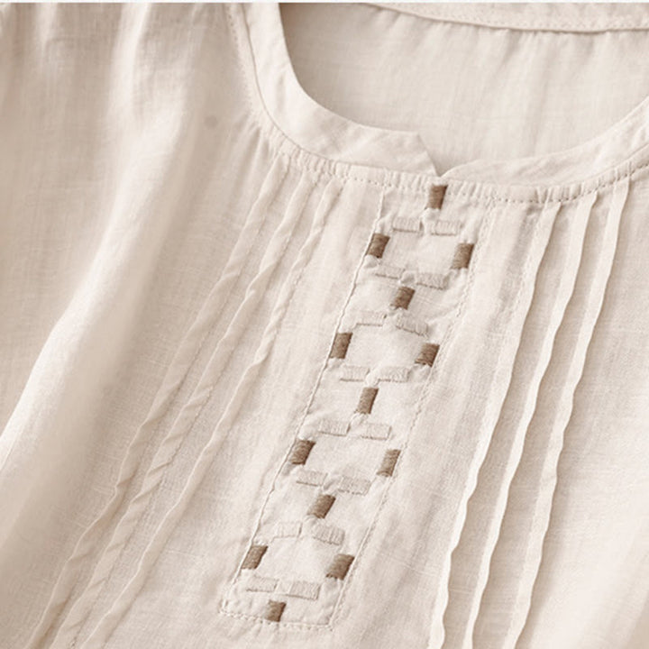 Buddha Stones Embroidery Crew Neck Pleats Women's Cotton Linen Half Sleeve T-shirt - image 9