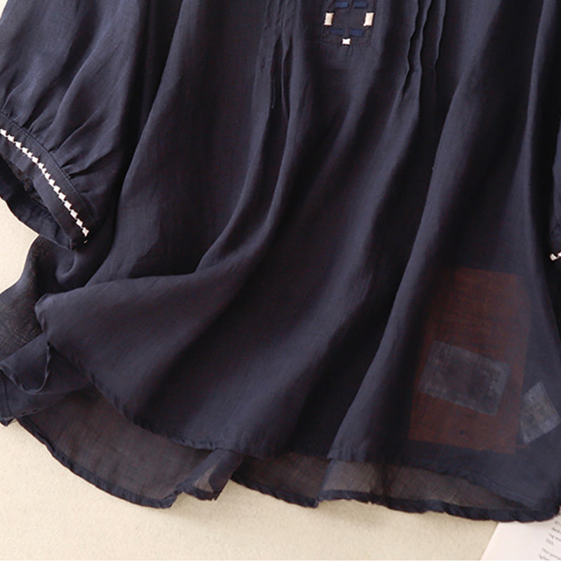 Buddha Stones Embroidery Crew Neck Pleats Women's Cotton Linen Half Sleeve T-shirt - image 16