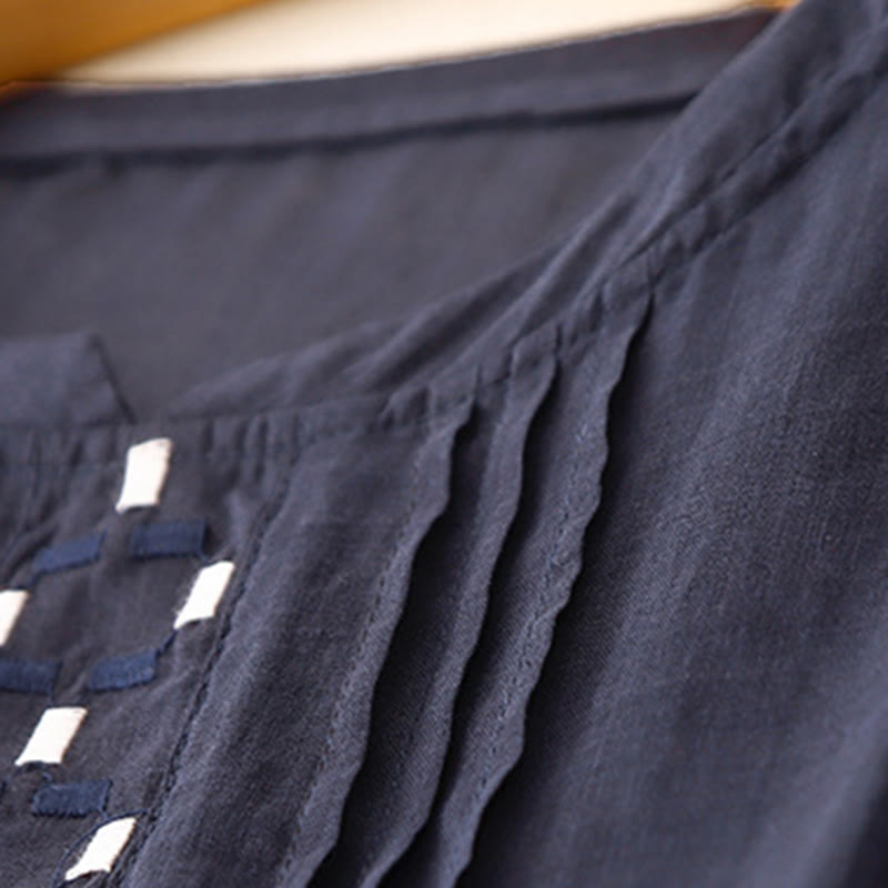 Buddha Stones Embroidery Crew Neck Pleats Women's Cotton Linen Half Sleeve T-shirt - image 14