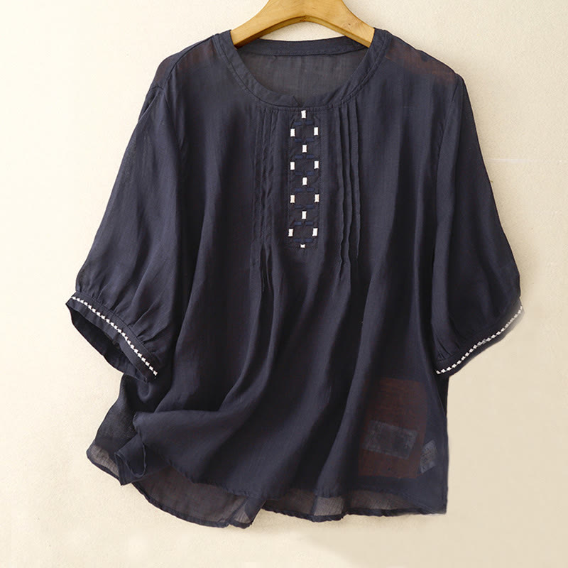 Buddha Stones Embroidery Crew Neck Pleats Women's Cotton Linen Half Sleeve T-shirt - MidnightBlue - US14，UK/AU18，EU46 (2XL) - image 11