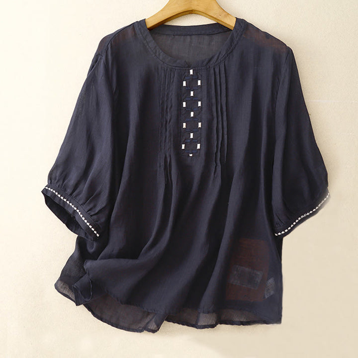 Buddha Stones Embroidery Crew Neck Pleats Women's Cotton Linen Half Sleeve T-shirt - MidnightBlue - US14，UK/AU18，EU46 (2XL) - image 11