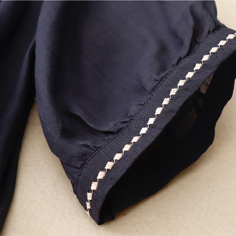 Buddha Stones Embroidery Crew Neck Pleats Women's Cotton Linen Half Sleeve T-shirt - image 17