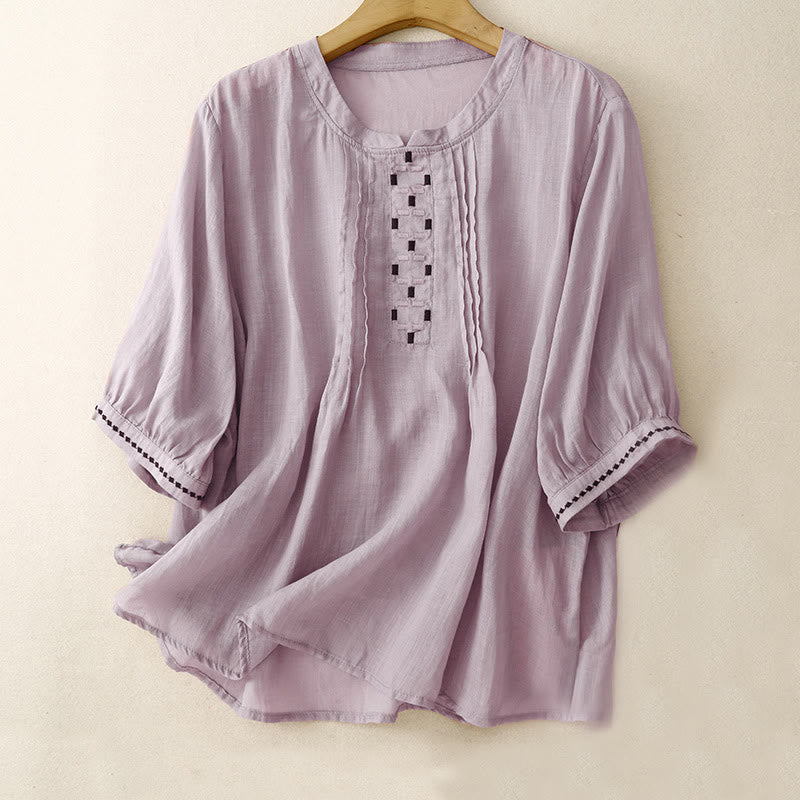 Buddha Stones Embroidery Crew Neck Pleats Women's Cotton Linen Half Sleeve T-shirt - Plum - US14，UK/AU18，EU46 (2XL) - image 19