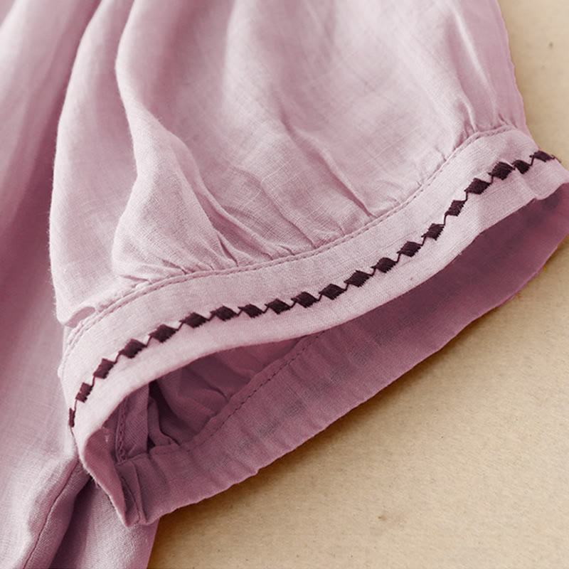 Buddha Stones Embroidery Crew Neck Pleats Women's Cotton Linen Half Sleeve T-shirt - image 22